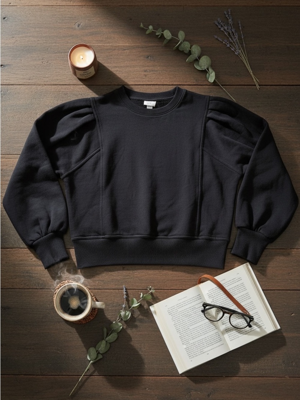 Black Puff Sleeve Crewneck Sweatshirt
